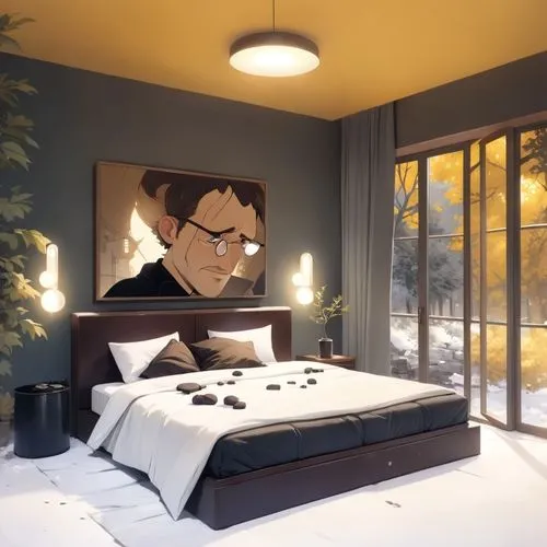 an image of a bedroom scene with focus on the bed,otacon,houngbedji,melikov,modern room,bedroom,schrute,Anime,Anime,General