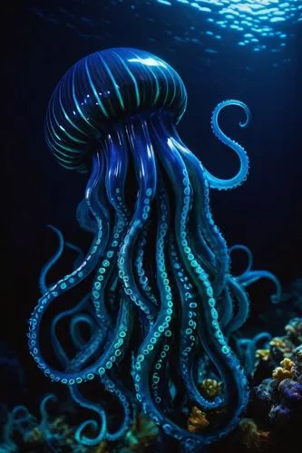 Tentacles, underwater scene, dark blue ocean, glowing bioluminescent suckers, slimy texture, wavy movement, transparent bell-shaped body, vibrant colorful stripes, eerie ambient lighting, 3/4 composit