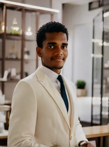 A stylish business man with white face , white colour coat stand in office in amerika,black businessman,a black man on a suit,african businessman,black professional,real estate agent,white-collar work