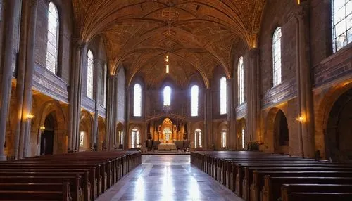 Romanesque church, grandeur, ancient, stone walls, stained glass windows, ribbed vaults, arches, columns, intricate carvings, ornate decorations, solemn atmosphere, high ceilings, grand entrance, larg