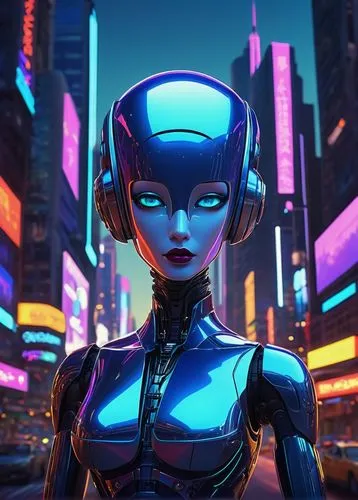 Pixar-style, 3D animation, futuristic cityscape, neon lights, vibrant colors, AI robot character, shimmering metallic body, glowing blue circuits, round robotic eyes, sleek aerodynamic design, hoverin
