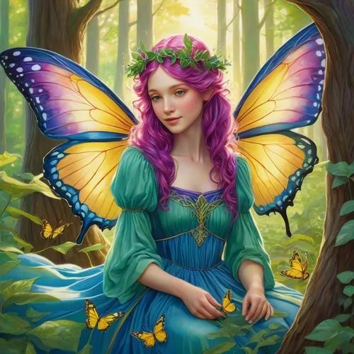 Enchanting whimsical fairy illustration, detailed colored pencil art in the style of Christine Karron; a young fairy girl with long, wavy, vibrant magenta-purple hair and pointed elven ears, wearing a