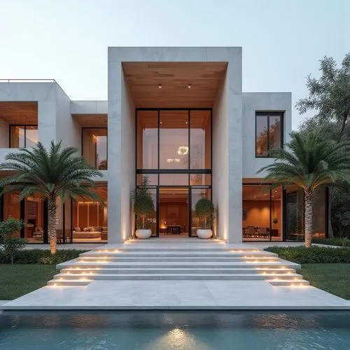 A hyper-realistic, high-resolution architectural photograph capturing a grand, ultra-modern luxury mansion at twilight. The building’s façade is composed of smooth white stone panels contrasted with s