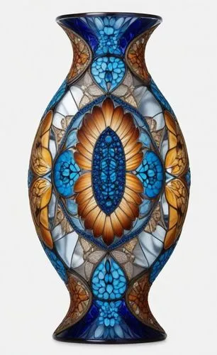 a multicolored vase sitting on a white table,glass vase,blue sea shell pattern,stained glass pattern,vase,mosaic glass,glass painting,majolica,colorful glass,kaleidoscope website,flower vase,mosaic te
