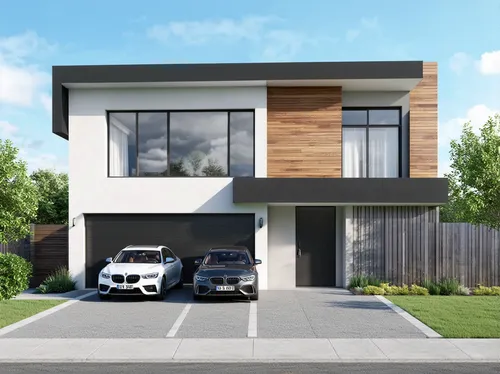 A high-quality rendering of a modern form of big, large, spacious two-story, L-shaped residential building. The house has a garage for two cars. The building is passive. ,two cars parked in front of a
