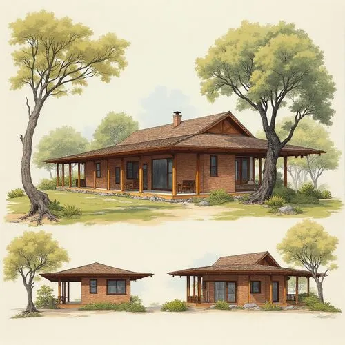 An architectural sheet that shows different perspectives of the two-level house, the architecture of this house will be of a country type between the ancient and the modern, it will be located on the 