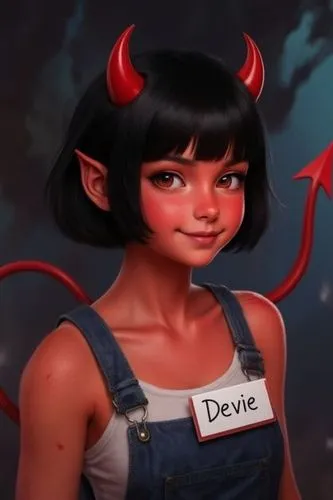 the image shows a woman with horns, a nametag and demon horns,bedevil,devil,devilish,deviltry,devilishly,fire devil,devils,deb,the devil,demur,deuce,imp,deviancy,devious,deviants,devastate,demonizes,d