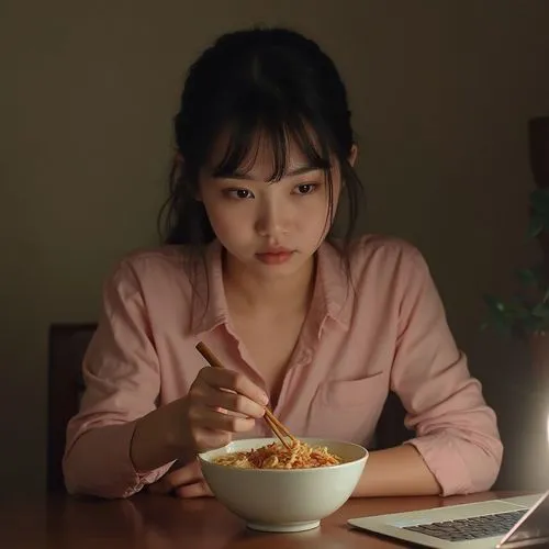 an asian girl sitting at her laptop eating cereal,girl with cereal bowl,noodle image,noodle bowl,instant noodle,no sugar noodles,feast noodles,noddle,fried noodles,bowl of rice,noodle,loveless,psychom