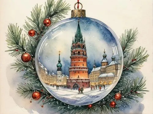 Watercolor drawing of the Spasskaya Tower in a transparent ball that hangs on a Christmas tree decorated with glowing garlands,a painting of a christmas ornament with a city scene inside,watercolor ch
