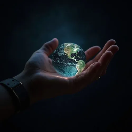 Close shot of a glowing earth holding with one hand, background is full of black color, ultra realistic high quality image, we can only see the arm and the glowing earth,a person's hands cupping a sma