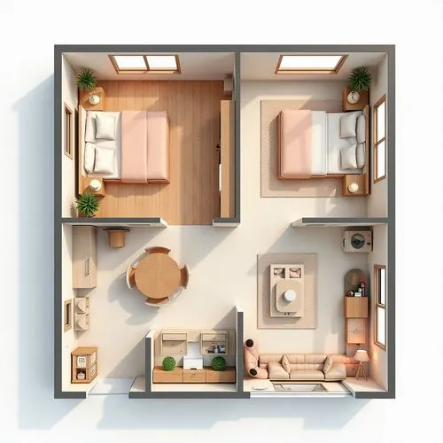 3D plan of the apartment, modern style with brown and peach colors, top view, furniture in beige color on the floor plan, living room, kitchen, bedroom, children's playroom, high detail, hyperrealism.