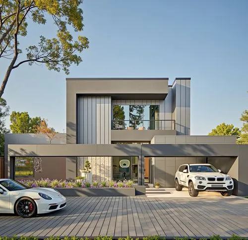 two porsches are parked outside the house,modern house,luxury home,modern architecture,modern style,louvers,dunes house,virage,luxury property,underground garage,residential house,driveways,crib,resid