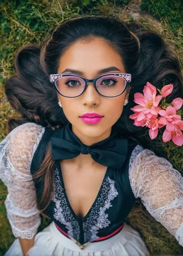 Mujer con cabello largo y naranjado, ojos naranjados detallados, gafas azulesde nerdy, blusa rosada, labios brillantes, detailed pink lips,young pretty woman with pink flowers posing in front of her,p