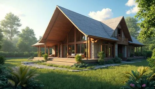A beautiful one-story modern tropical house with a steep pointed roof, elegant wooden balcony, large glass windows, spacious veranda, natural stone walls, surrounded by lush green garden and colorful 