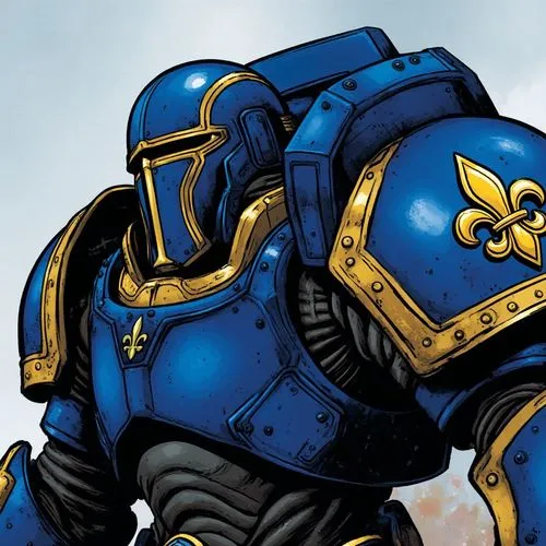 Manga style:

I am Indycatalan, 37 years old man and 1.60m tall.
I am clad in Warhammer 40k Space Marine armor with the helmet. The outfit is royal blue and golden yellow. A golden fleur-de-lis symbol