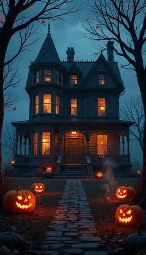 halloween wallpaper,
Create a dark, eerie Halloween night scene featuring a large, old, and spooky Victorian-style mansion with steep gables and glowing windows. The house is surrounded by twisted, ba
