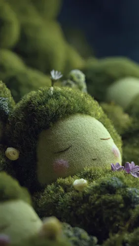 A cute moss - covered creature with closed eyes and rosy cheeks, lying among lush green moss, small white flowers, and purple blossoms. First, it slowly stirs, tiny hands (made of mossy fluff) gently 