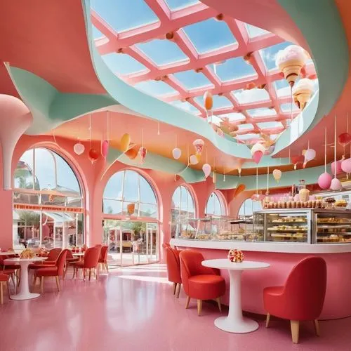 an artistic room that has several pink tables and chairs,patisserie,retro diner,ice cream parlor,teacups,pastry shop,ice cream shop,patisseries,candy bar,breakfast room,soda shop,bakeries,sweet pastri