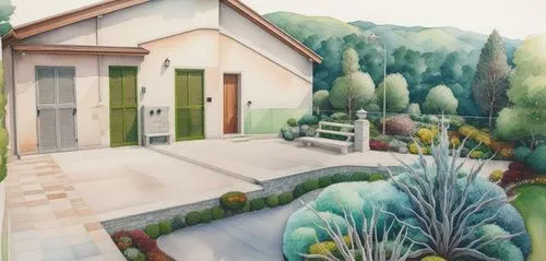 the house is on the side of a hill with a gate and a bench near it,roof landscape,home landscape,landscaped,garden elevation,house drawing,pool house,grass roof,house painting,landscape plan,bungalows