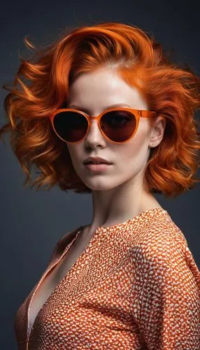 A detailed photograph of a young woman, her red hair styled in a semicircular pattern, wearing bright orange skin, has a cheekboned girl with long golden hair. She holds a pair of sunglasses in both o