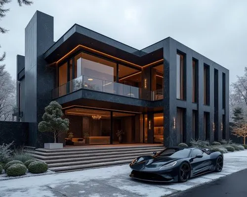 There's a supercar close by.. A luxurious, ultra-modern, three-story mansion with a sleek, dark marble facade and prominent vertical columns, situated in a refined, upscale residential setting. The ex