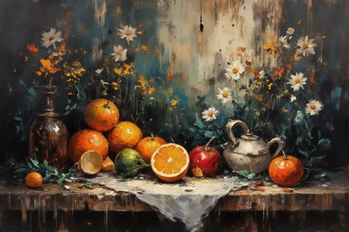 a painting of various fruits and vegetables on display,bowl of fruit in rain,orange tree,autumn still life,persimmons,oranges,citrus fruits,autumn fruits,pomegranates,orange blossom,tangerines,citrus 