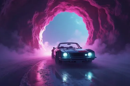 a classic convertible drives through a portal into the future. purple and green color pallette


,a car drives in a tunnel with red smoke,3d car wallpaper,car wallpapers,miata,tunnel,tunneling,purple 