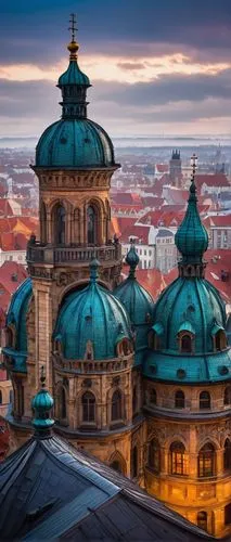 Eastern European architecture, Baroque style, ornate details, grandiose columns, intricately carved stonework, vibrant colored rooftops, Gothic spires, Romanesque arches, intricate frescoes, ornate ir