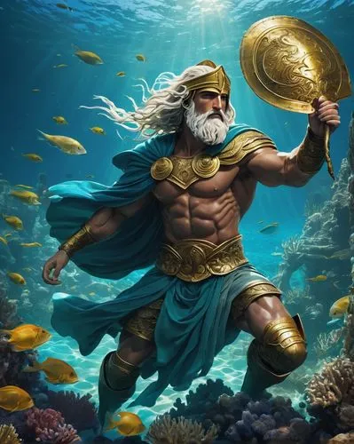 Muscular man, Alexander the Great, underwater, ancient Greek armor, golden helmet, long white beard, piercing blue eyes, strong facial features, detailed muscles, flowing white robe, seaweed wrapped a