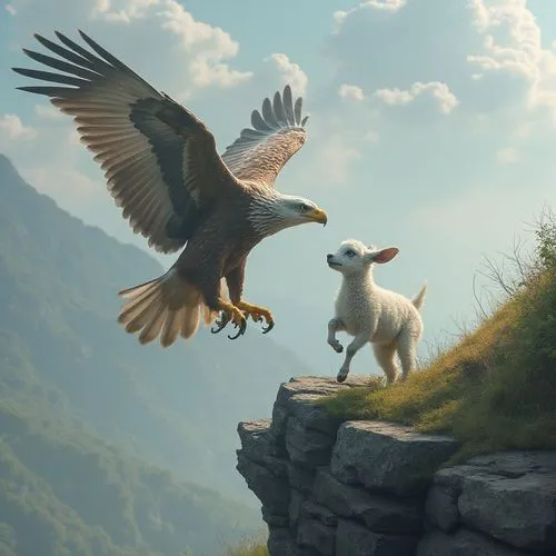 The eagle, in a gliding flight, faces an attack on the lamb, which is on the mountain ledge. The lamb tries to run away, but the eagle, with its strong claws, grabs the baby goat and drags it into the