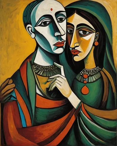 Imagine a dystopian world where arranged marriages are the norm. Write a scene.,young couple,two people,man and wife,man and woman,picasso,as a couple,couple,mother and father,mother with child,lovers