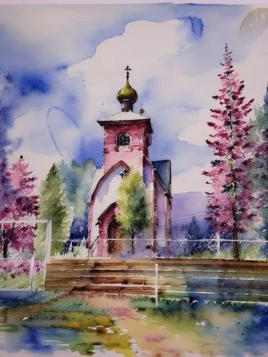 Весенний пейзаж с церковью, акварель,watercolor painting of an old church with trees in background,watercolor,church painting,watercolor sketch,watercolor painting,watercolor background,watercolor fra