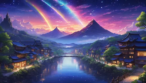 Colorful Metropolitan Museum of Art、Painting of a river with stars and moon in a rainbow sky、Met、輝くskyscraper、Shine overall、skyscraper、Concept art inspired by Tosa Mitsuoki、pixiv contest winners、highe