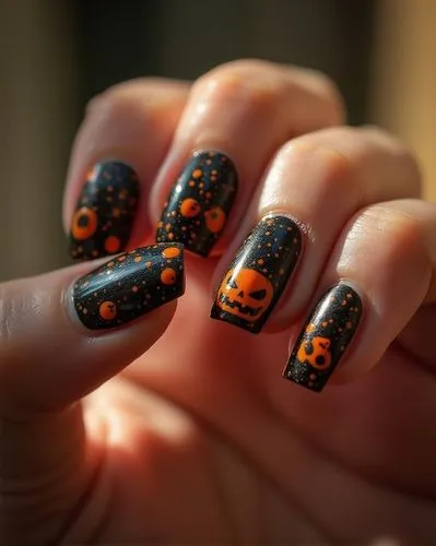 Nils Design, hallowen nails,
an image for halloween advertising, for ladies manicure



































,a person is holding a dark nail with orange and black designs,orange dots,candy