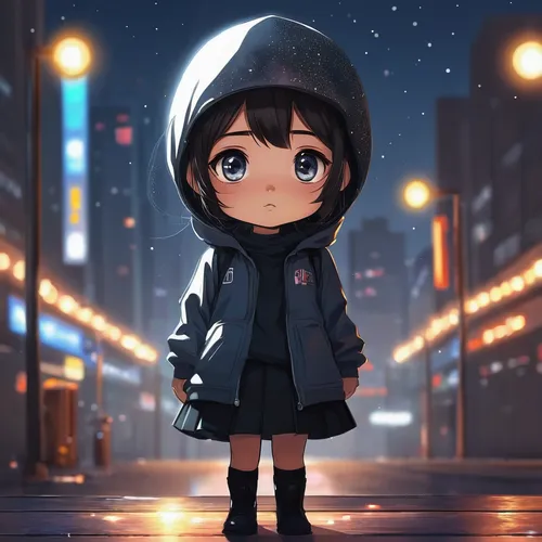 A chibi-style anime girl with sparkly eyes pfp,parka,walking in the rain,little girl with umbrella,rain suit,chibi girl,raincoat,in the rain,rainy,anime japanese clothing,chibi,winter clothing,nori,ka