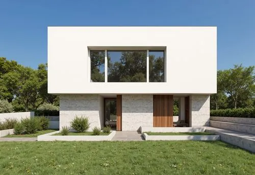 A modern minimalist house with a minimalist design, featuring a concrete exterior and wooden sliding doors. the house is situated on a hillside, surrounded by lush greenery and trees, with a clear blu