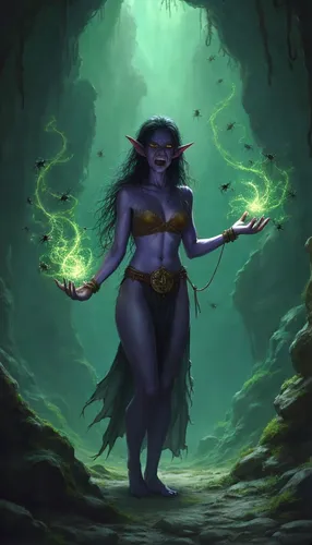 a painting depicting a woman holding two lights,underdark,inara,blue enchantress,alani,yavana,sorceress,the enchantress,jaya,dark elf,ursula,sithara,uma,ratri,sorceresses,neera,karpas,innervate,kharar