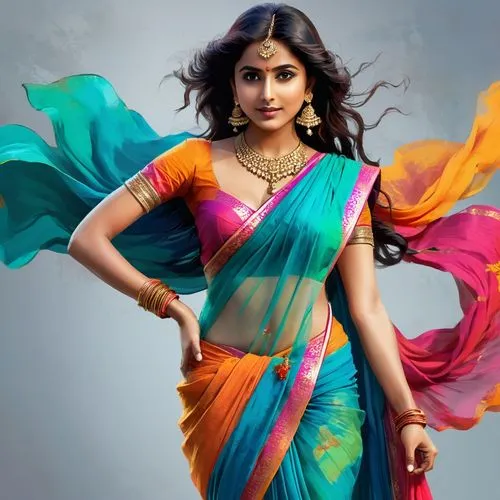 A beautiful 26 year old woman in a flowing, colorful sari. Low cut. Flirty.
,a woman in a saree poses for the camera,sari,natyam,padmapriya,anushka shetty,mythili,gopika,thamarai,sahithya,saree,sneha,