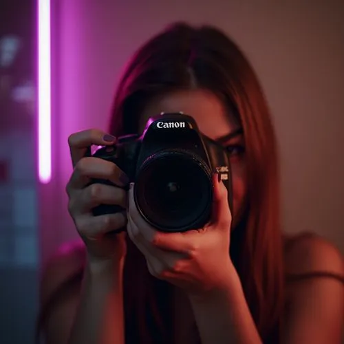 Horror-themed DSLR photo: A warm sepia-toned overlay captures the nostalgic and timeless essence of the scene. The subject is a person with chestnut hair, holding a Canon EOS 200D DSLR camera, poised 