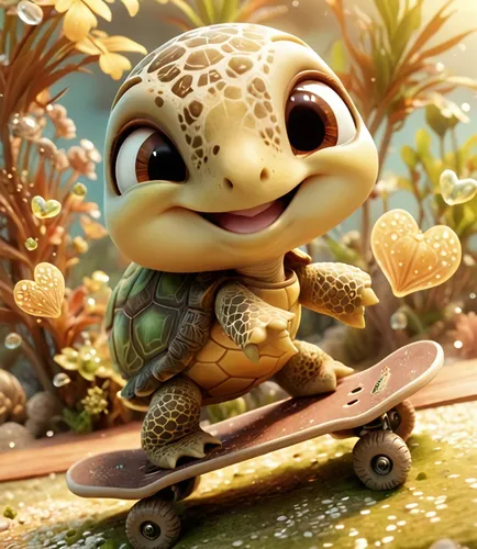 the turtle is riding on top of a skateboard,gnome skiing,little crocodile,skateboarder,skater,cute cartoon character,skate,baby turtle,toad,wonder gecko,acorn,skateboard,skaters,surfer,water frog,turt