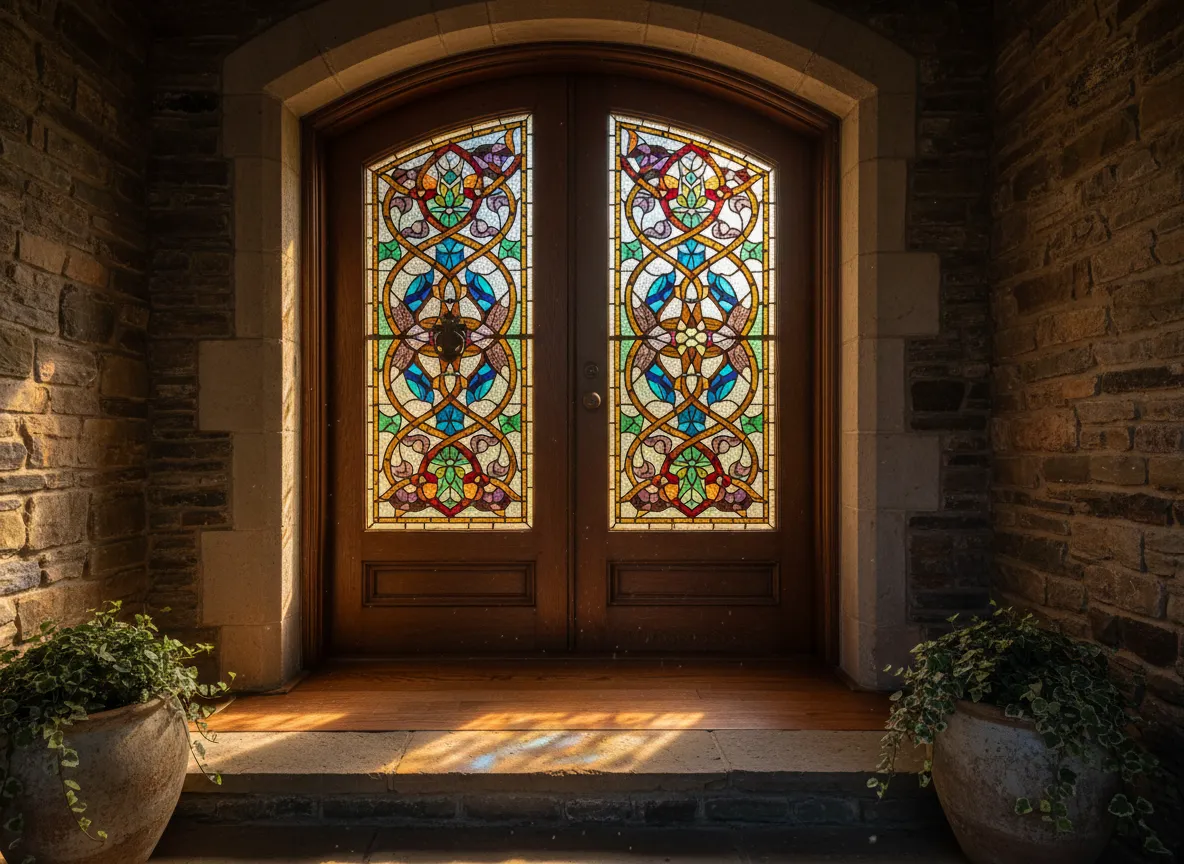 Ein KI-generiertes Bild einer Eingangstür mit einem filigranen Buntglaseinsatz, das eine realistische Beleuchtung demonstriert.