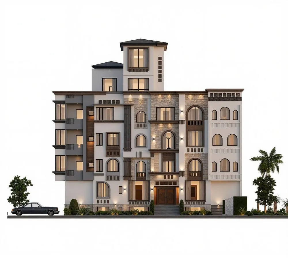 a building that has two story houses and many windows