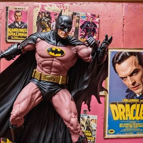 a man wearing batman costume on display in front of posters,batman,batmen,lantern bat,bat,cowl vulture,model kit,bats,collectible action figures,batterers,vintage toys,figure of justice,sidekick,comic