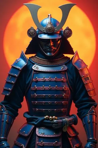 A close-up of an armored samurai, with detailed armor and helmet, standing in front of the camera. The blue, shiny metallic armor has red accents, set against an orange background with dramatic lighti
