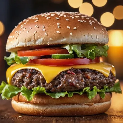 burger macro shot,a hamburger is on a table and has cheese and tomato slices on it,cheeseburger,presburger,hamburger,shallenburger,newburger,burguer,Photography,General,Commercial