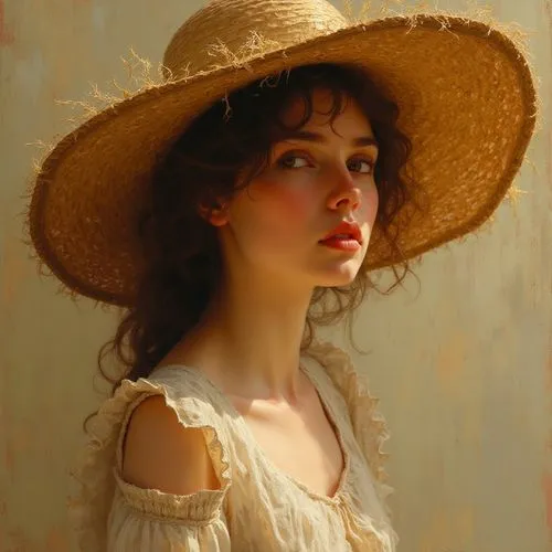 [Portrait of a young woman wearing a large straw hat, contemplative expression, serene and slightly melancholic mood], [oil painting, in the style of classical realism with a touch of romanticism], [J