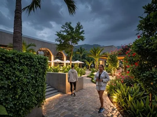 Modern fitness club, sleek architecture, glass fa\u00e7ade, outdoor recreational spaces, lush greenery, vibrant flowers, walking trails, jogging paths, exercise stations, outdoor yoga areas, shaded se
