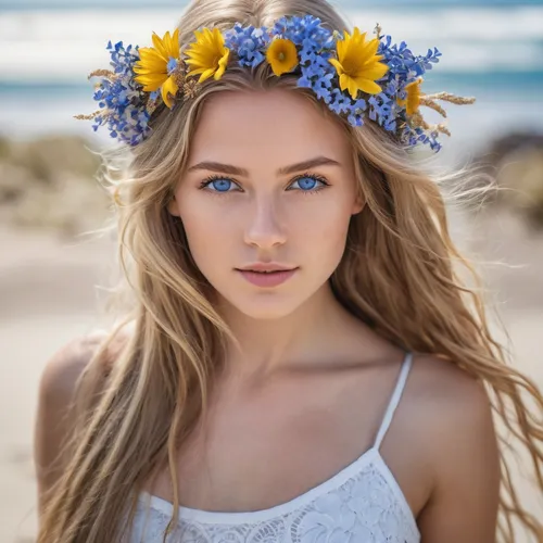 the most hottest girl at the beach with long hair and blue eyes and the sea with sand and flowers on her hair,flower crown,beautiful girl with flowers,summer crown,spring crown,floral wreath,flower cr