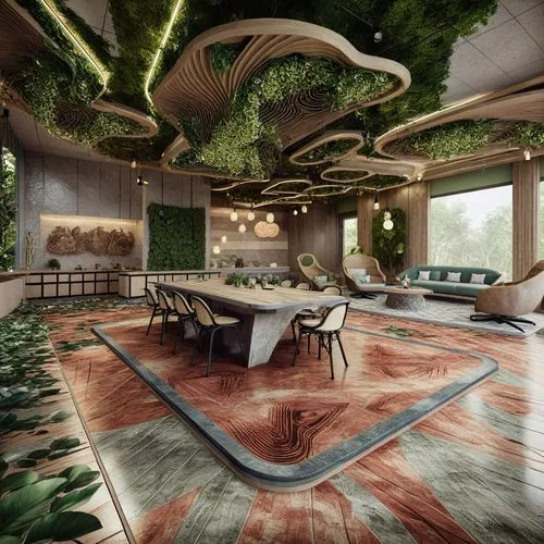 an artistic and unusual room designed to look like a living area,penthouses,3d rendering,ufo interior,pergola,treehouse,tree house hotel