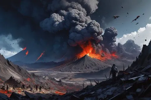  Game Scene, Wild angle view,the battle in the middle of the earth with people walking around it,volcanic landscape,stratovolcanoes,volcanism,volcanic activity,nyiragongo,volcanologists,Conceptual Art